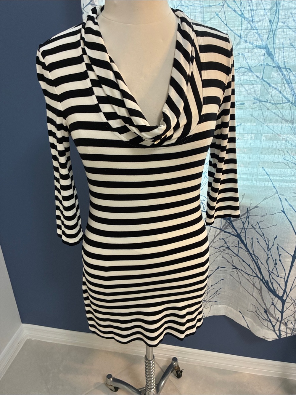 White House Black Market Black and White Striped Cowl Neck Dress
